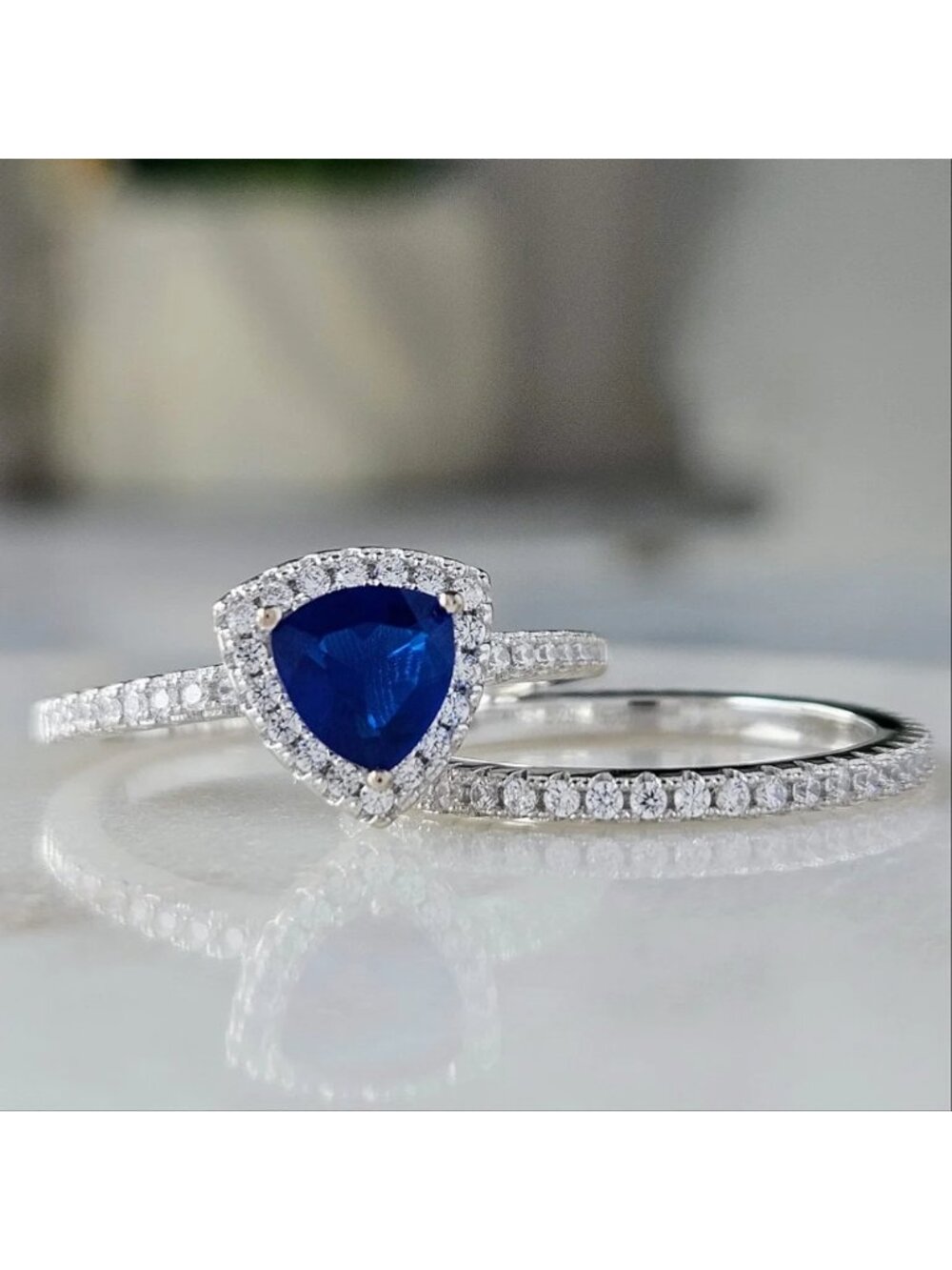 2-piece Trillion Sapphire Ring Set, size 7, 925 Sterling Silver Charmed Aroma